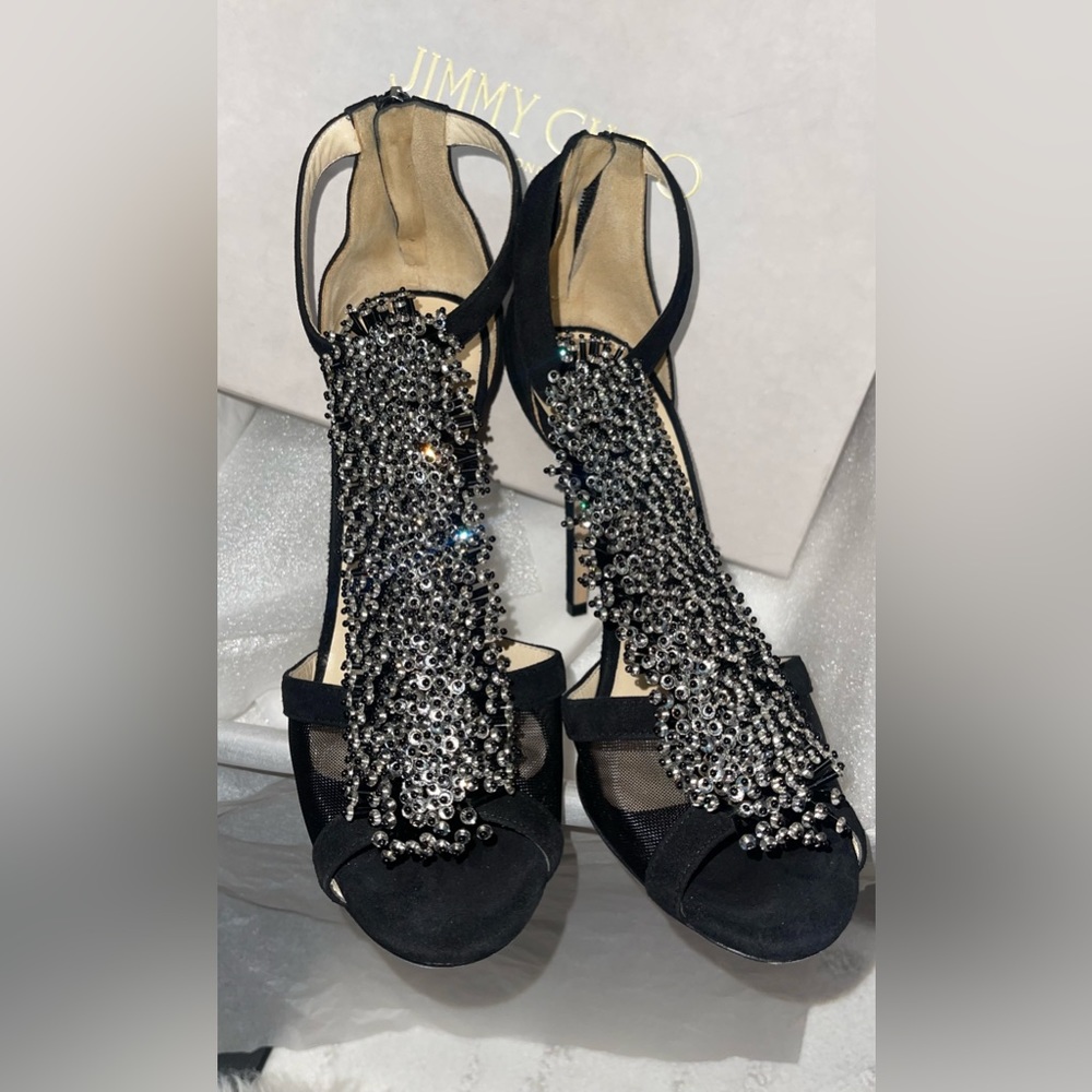 JIMMY CHOO Crystal-Embellished Black Heels — Size 8.5